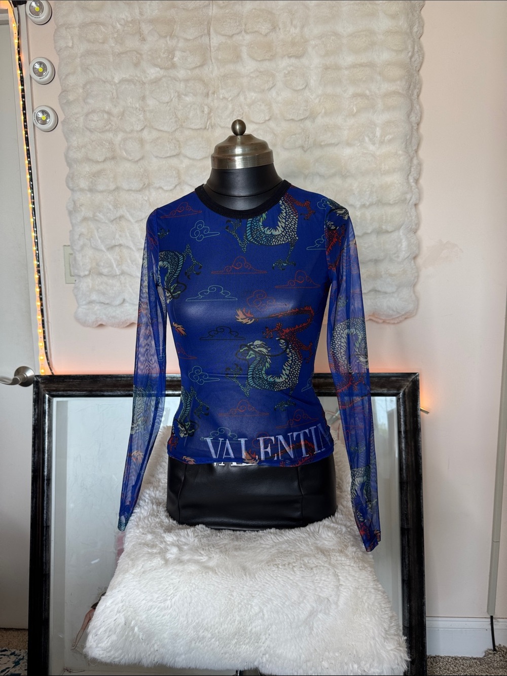 Source Unknown Blue Dragon-Print Long Sleeve Mesh Top
